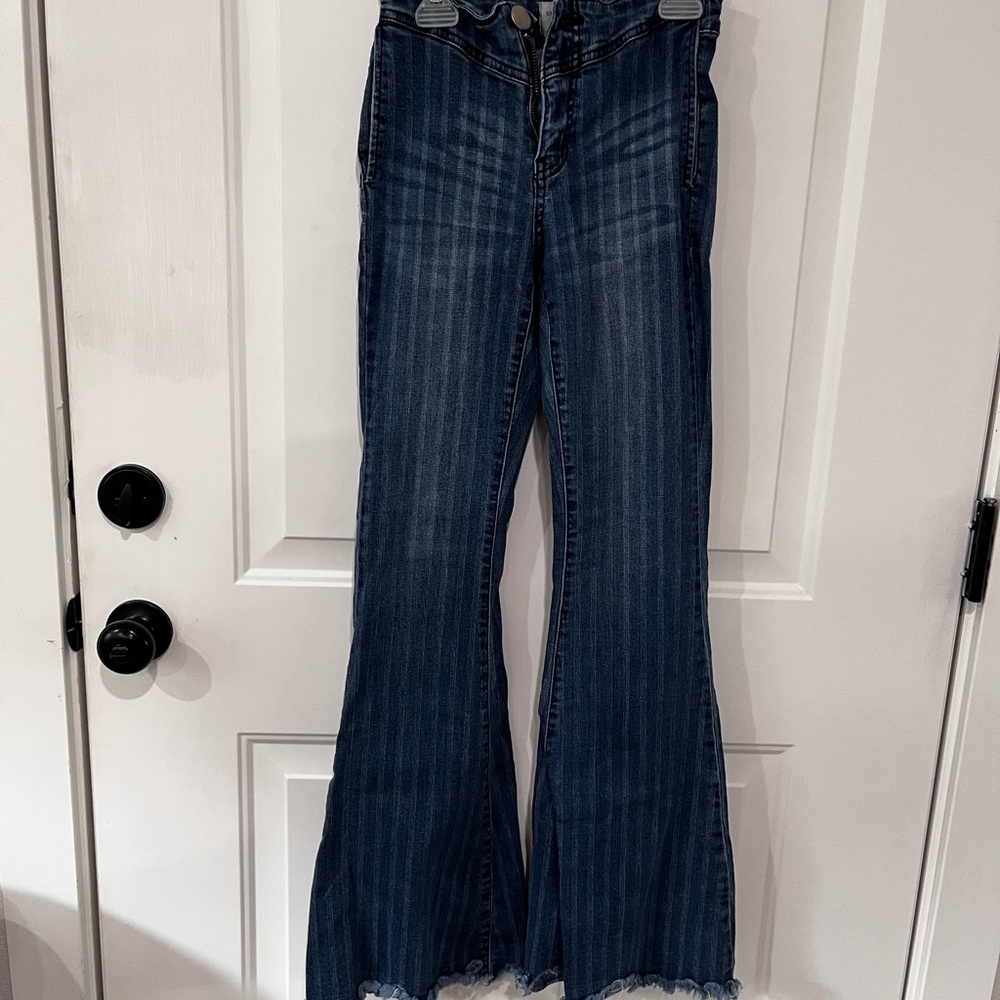 Dark Blue Flare & Wide Leg Jeans with Pinstripes